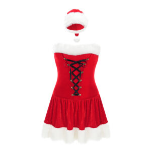 Vestito di Natale da Donna con Gonna in Velluto Rosso e Cappello – Costume Natalizio Elegante per Feste e Eventi
