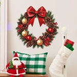 Adesivo Murale Natalizio con Ghirlanda, Pigne e Fiocco Rosso – Sticker Decorativo in PVC