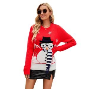 Maglione Natalizio da Donna Rosso con Stampa Pupazzo di Neve – Stile Giapponese e Coreano, Maniche Lunghe Maglione Natalizio da Donna Rosso con Stampa Pupazzo di Neve – Stile Giapponese e Coreano, Maniche Lunghe