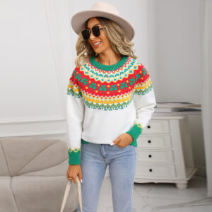 Maglione Natalizio da Donna in Velluto Artico con Motivo Jacquard – Maniche Lunghe, Vestibilità Comoda, Stile Europeo
