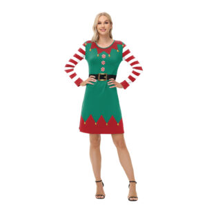 Vestito Natalizio da Donna a Maniche Lunghe – Stampa Festiva, Modello Midi, Pullover Girocollo