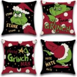 Federa Natalizia Grinch 45x45 cm in Lino – Decorazione Natalizia per Divano e Soggiorno