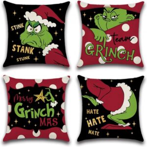 Federa Natalizia Grinch 45x45 cm in Lino – Decorazione Natalizia per Divano e Soggiorno