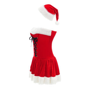 Vestito di Natale da Donna con Gonna in Velluto Rosso e Cappello – Costume Natalizio Elegante per Feste e Eventi
