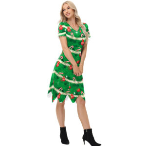 Vestito Natalizio da Donna con Gonna Irregolare – Stampa Cartoon, Scollo a V, Maniche Corte, Modello Mid-Length